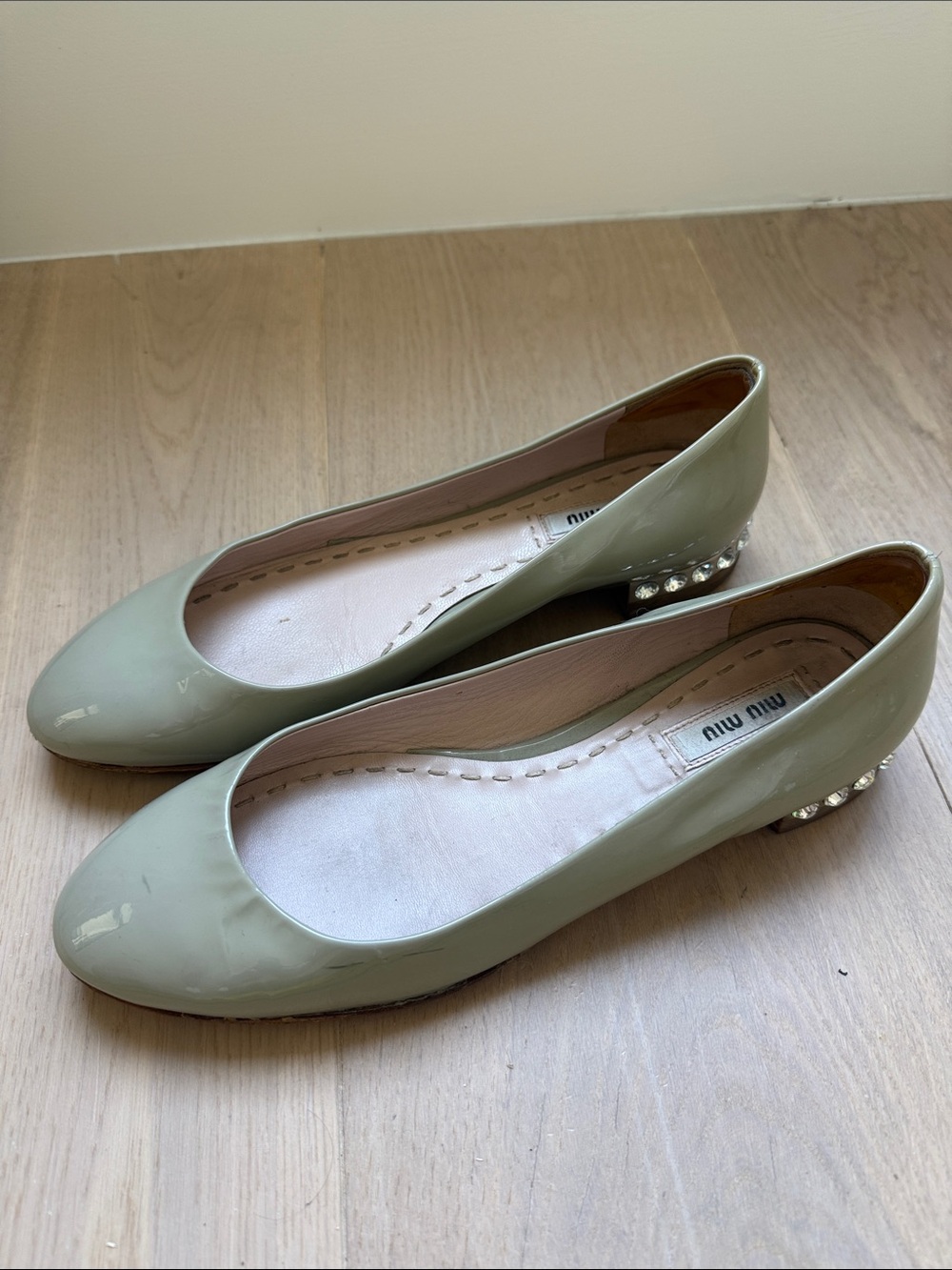 Miu Miu Mint Patent Leather Ballet Flats with Crystal-Embellished Heel